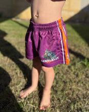 Load image into Gallery viewer, Kids Kimberley Drover Purple Footy Shorts
